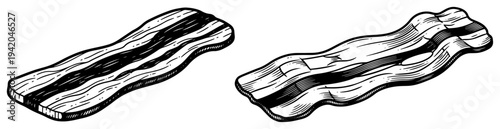 Hand drawn sketch of fried bacon strips in vintage engraving style