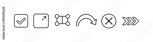 Line style icons of content navigation states: current step tile, next-step preview frame, multi-route grid, looping path arc,