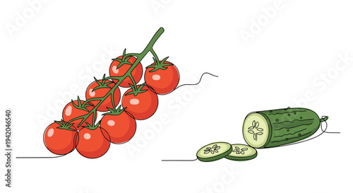 Fresh bunch of cherry tomatoes and a sliced green cucumber shown in a clean continuous line drawing style on a white background.
