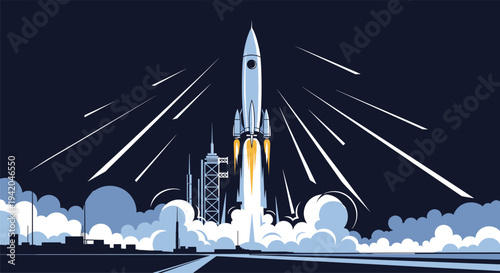 Powerful space rocket taking off into the dark night sky with smoke and fiery exhaust in a detailed and creative pixel art style.