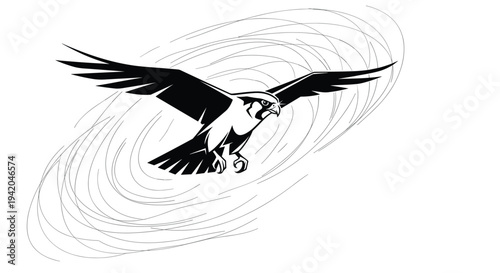 Falcon flying through circular air currents in a minimalist black and white vector illustration for sport logo or mascot design.