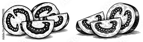 Hand drawn engraving style sketch of sliced fresh tomatoes