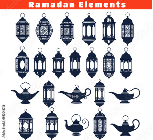 Set of ramadan elements including lanterns and oil lamps in dark blue color