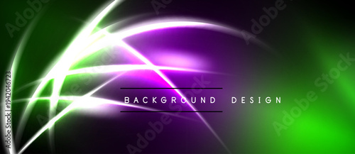 Abstract neon lines create dynamic visual effect. Green, purple, white hues blend into dark background. Modern design element.