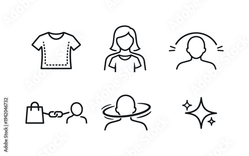 Virtual Try-On Icons. Line vector icons of a product “trying itself on” your digital avatar in real time (live overlay fitting):