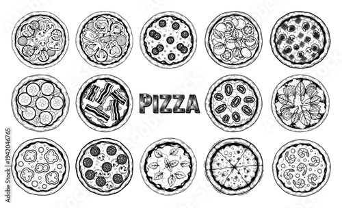 Set of fifteen hand drawn pizzas with various toppings and central text design element