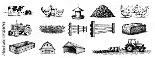 Large collection of hand drawn farm and agriculture illustrations featuring livestock and machinery