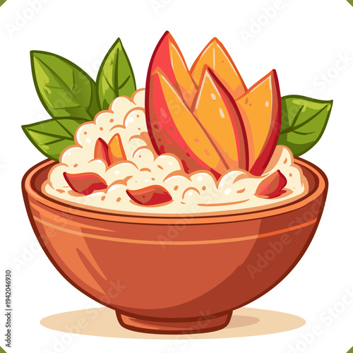 Vector illustration of mango sticky rice dessert in bowl, topped with fresh mango and mint leaves, isolated on a white background