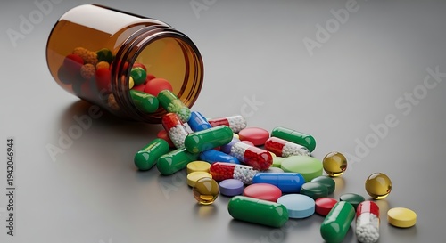 Colorful assortment of pills spilled from a tipped prescription bottle