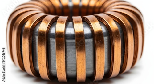 Close up of copper wire wound around metal core on white background