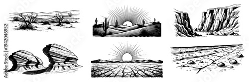 Collection of vintage desert landscape elements including canyons cacti and rocky formations