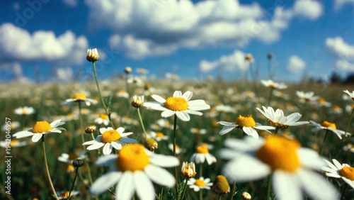 Vibrant daisy field under partly cloudy sky on a sunny day.