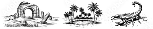 Desert oasis elements featuring ancient ruins palm trees and a scorpion