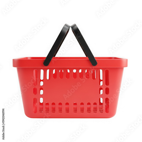 A vibrant red shopping basket with black handles against a png background