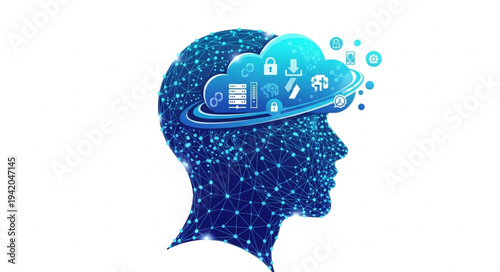 Digital Cloud Computing Concept in Human Head Silhouette.