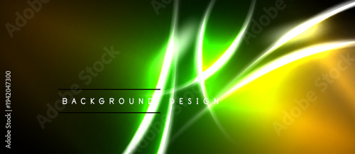 Abstract vibrant background. Yellow, green neon lines create dynamic flow. Dark edges frame bright central design.