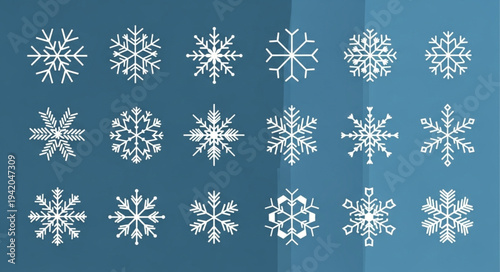 Collection of Various Snowflake Designs on Blue Background.
