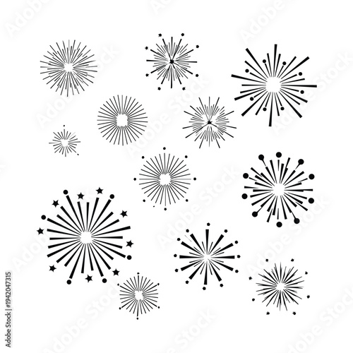 Black and white illustration of various sized firework bursts and sparkles