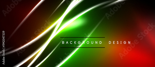 Abstract design features vibrant gradients. Lines intersect creating dynamic visual effect. Dark background emphasizes bright colors.