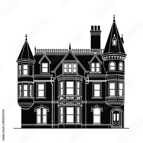 Detailed black and white illustration of a victorian style house with turrets