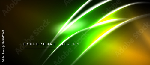 Abstract background features vibrant green, yellow, orange gradients. Dynamic lines create modern, energetic visual effect. Dark areas provide contrast.