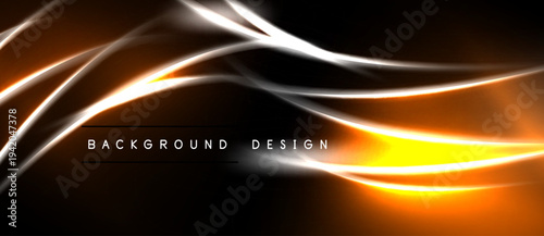 Abstract orange lines flow across dark background. Design features smooth curves, bright highlights, dynamic energy. Text reads background design.