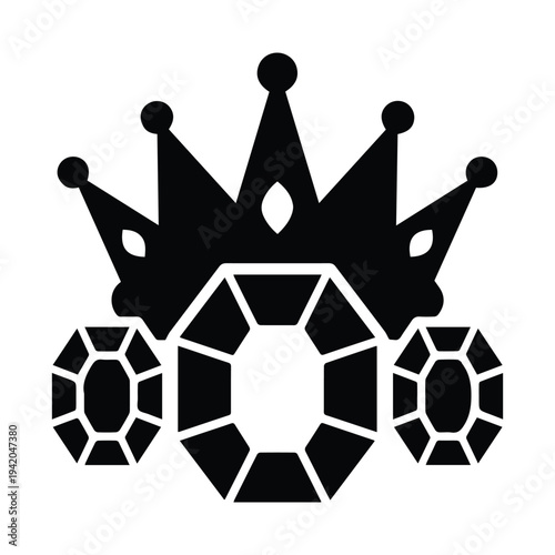 Stylized black and white illustration of a crown with gems