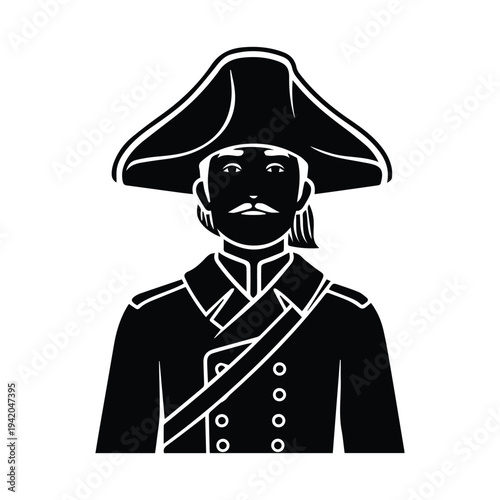 Vintage illustration of a pirate captain s head and shoulders in black