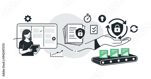 Sustainable Automation Dashboard. Modern minimal flat vector conceptual collage, crisp hard edges, consistent THIN outline stroke,
