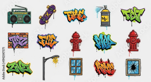 Colorful graffiti spray paint art on wall.