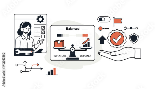 Modern minimal flat vector conceptual collage, crisp hard edges, consistent THIN outline stroke, rounded corners where needed,