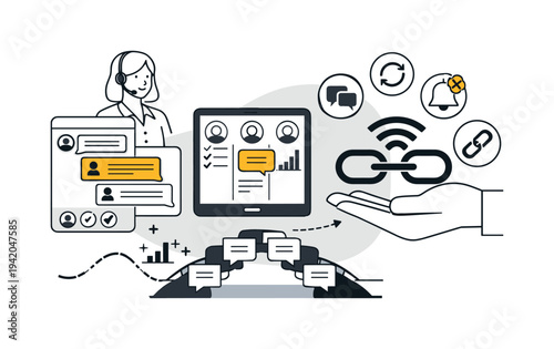 Modern minimal flat vector conceptual collage, crisp hard edges, consistent THIN outline stroke, rounded corners where needed,