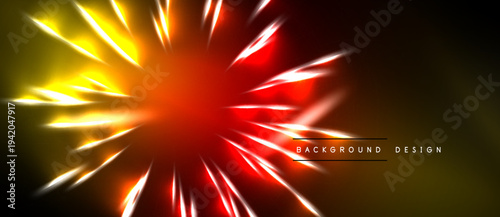 Bright radial burst. Vivid colors blend, creating dynamic energy. Dark background emphasizes glowing effect. Modern design element.