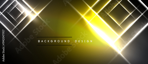Abstract background features bright geometric lines, gradients. Yellow, white light creates dynamic visual effect. Modern design element.