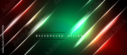 Abstract neon lines create dynamic gradient effect. Vivid red, green hues dominate dark background. Modern design element.