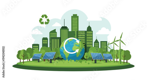 Sustainable smart city skyline with green buildings, solar panels, wind turbines, and recycling symbols, depicting an eco-friendly urban landscape and modern ecological development.