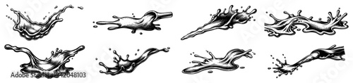 Large collection of liquid water splashes and droplets in a vintage hand drawn ink style