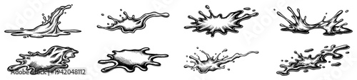 Set of hand drawn liquid spills and splashes with detailed vintage engraving textures