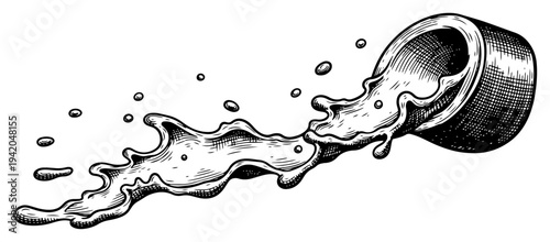 Liquid pouring out of a metal cup creating a splash in a vintage engraving style