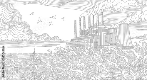 Vintage sketch illustration of a rural landscape with a farmhouse, trees, and classic architectural buildings in the countryside