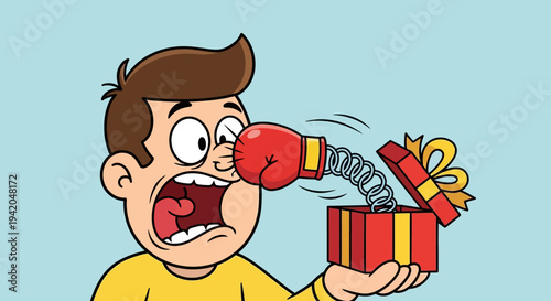 Cartoon man with a red clown nose reacting with surprise and shock to a boxing glove comically emerging from an exploding gift box on an isolated light blue background.