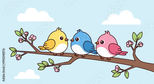 Three cute colorful birds sitting peacefully on a blooming tree branch against a clear blue sky, conveying a serene and happy mood.