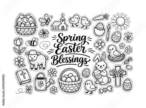 Spring Easter blessings concept, hand drawn doodle elements set, center hand-lettered title, black & white vector line art, bold