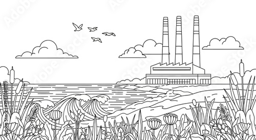 Vector illustration of a rural farm landscape with houses and buildings in a simple sketch style at morning