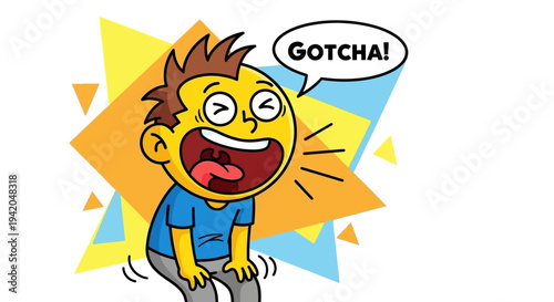 Cartoon boy with wide eyes yelling "GOTCHA!" in an excited and expressive mood, on a dynamic geometric background.
