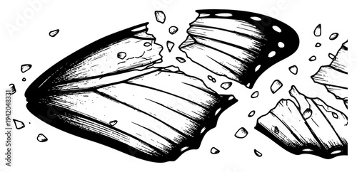 Broken butterfly wing parts with shattered pieces in a detailed hand drawn ink style