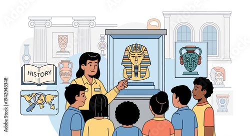 Diverse students learning about ancient Egyptian artifacts from a caring teacher in a bright museum, engaging history lesson.