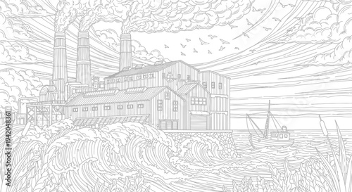 Industrial factory by ocean waves with boats and birds, detailed line art for coloring book, black and white illustration.