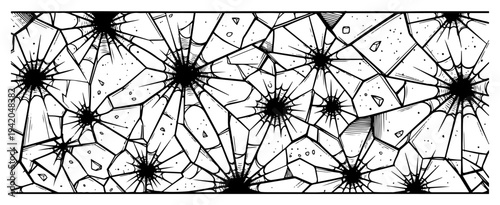Shattered glass surface with cracked lines and impact points in a detailed hand drawn style