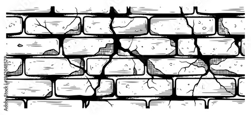 Old damaged brick wall with deep cracks and breaks in a hand drawn engraving style